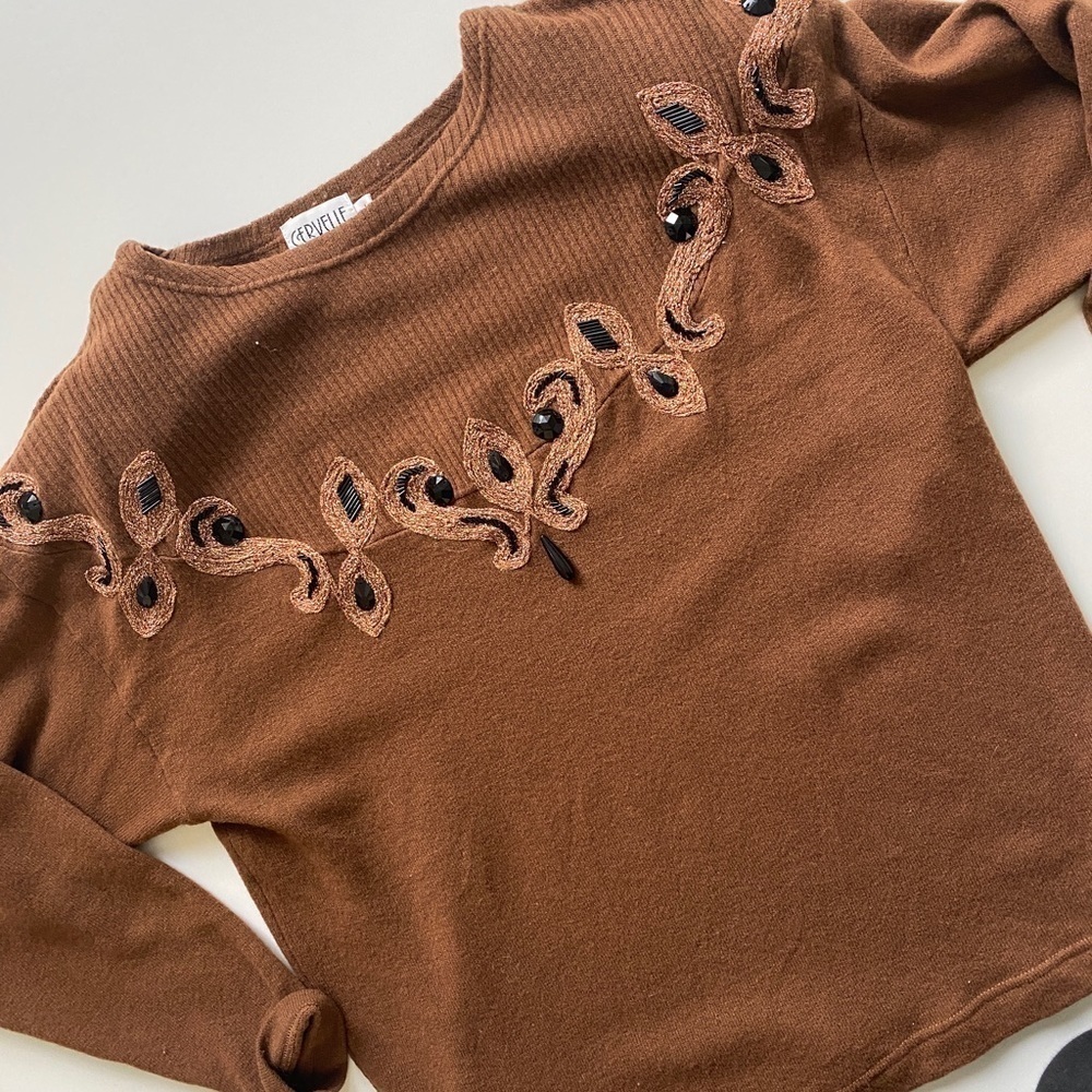 Vintage Cervelle Embellished Brown Black Lambswool Sweater Women’s Large FLAW